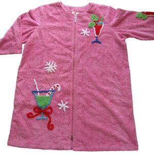 Quacker Factory Zip-Front Bright Pink Chenille Robe Size 2X Snowflakes Christmas